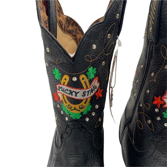 Tony Lama Black Leather Lucky Star Embroidered Square Toe Cowgirl Boot Size 7.5 - Picture 2 of 9
